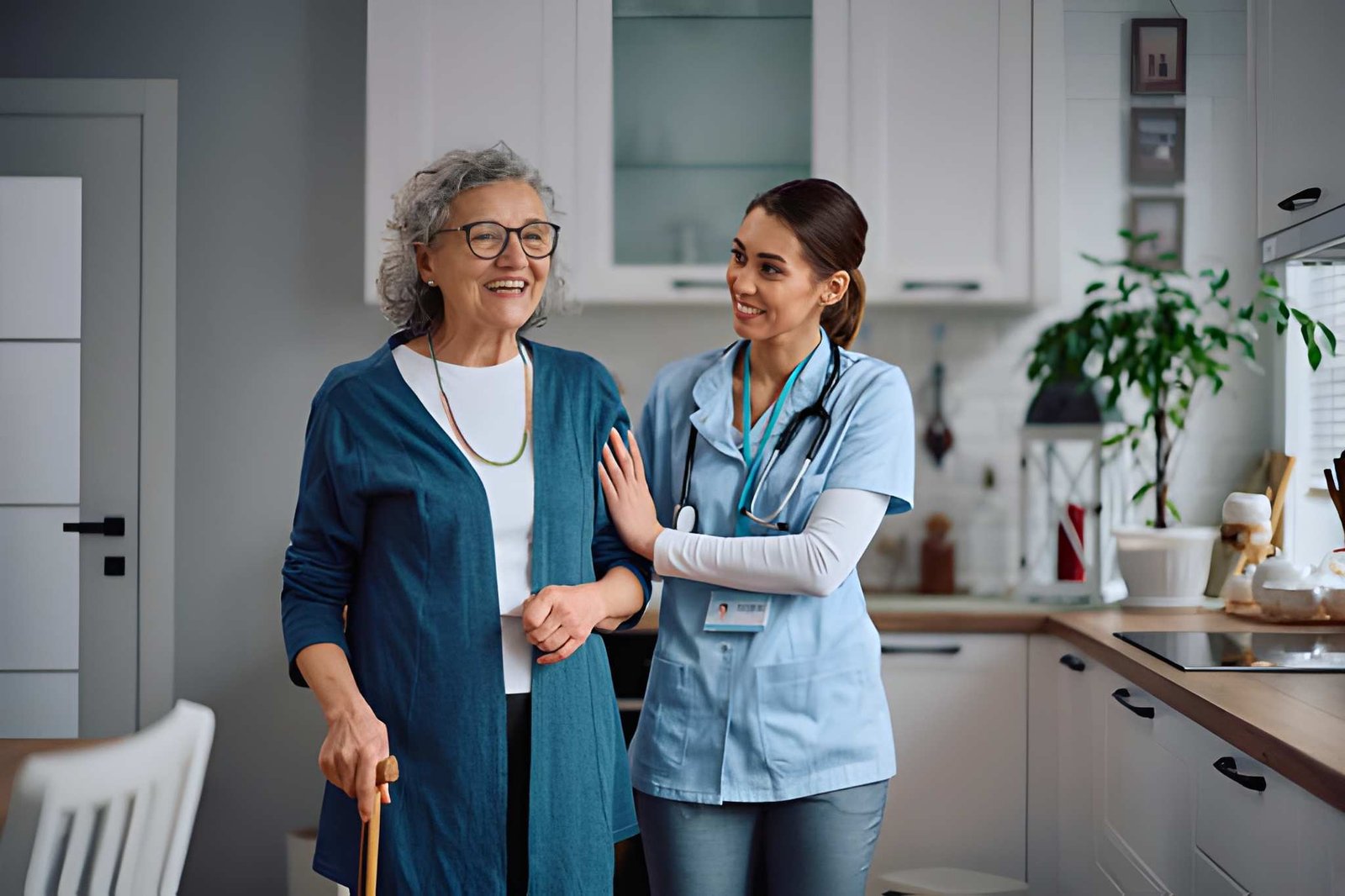 Caregiver walking beside an older adult at home